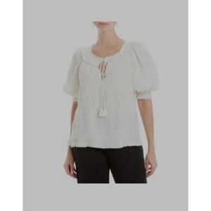 MAX STUDIO LONDON Cream Smocked Square Neck Puff‎ Sleeve Tassel Tie Blouse M NWT